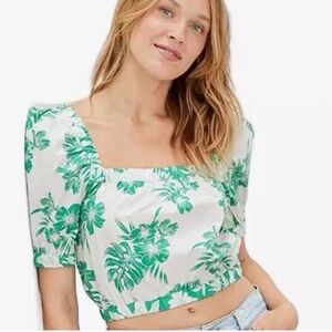 American Eagle Outfitters White Puff Sleeve Crop Top with Green Floral Print